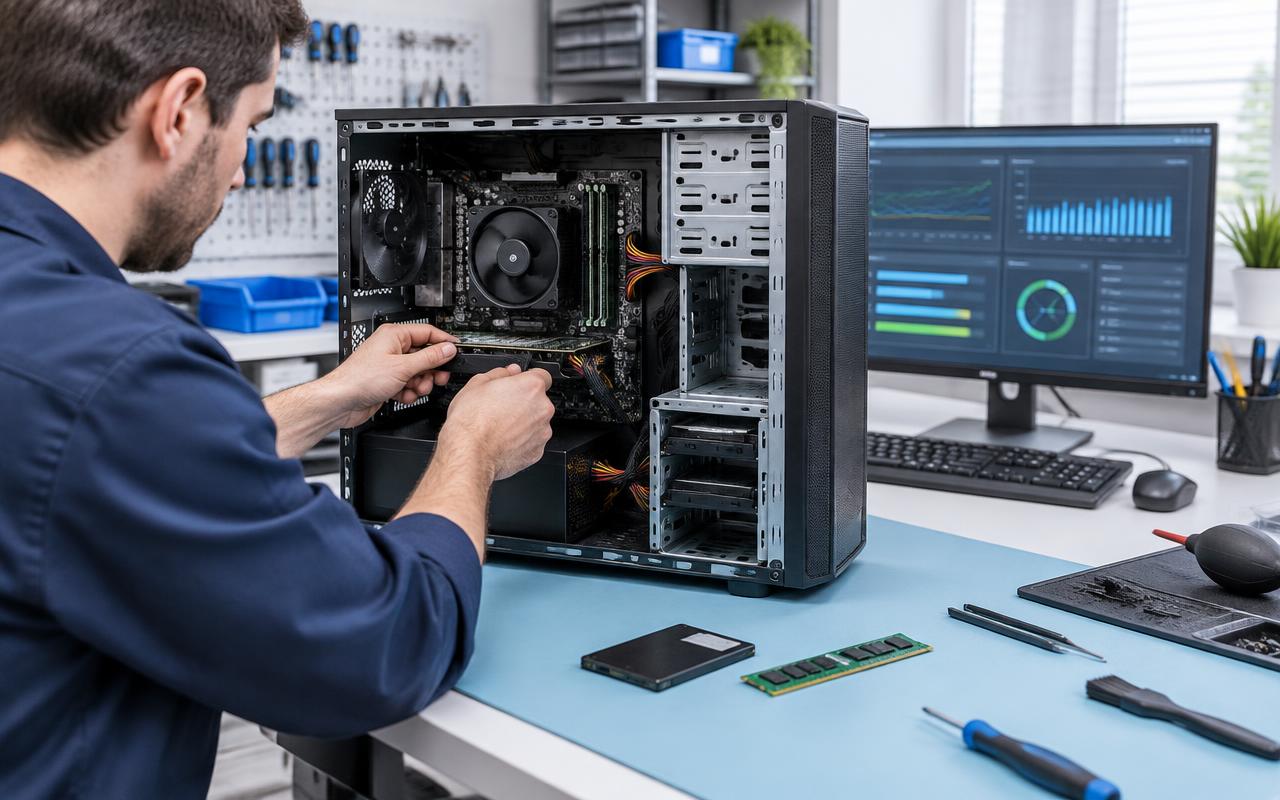 Desktop computer opened on a bench while its storage drive and memory are checked