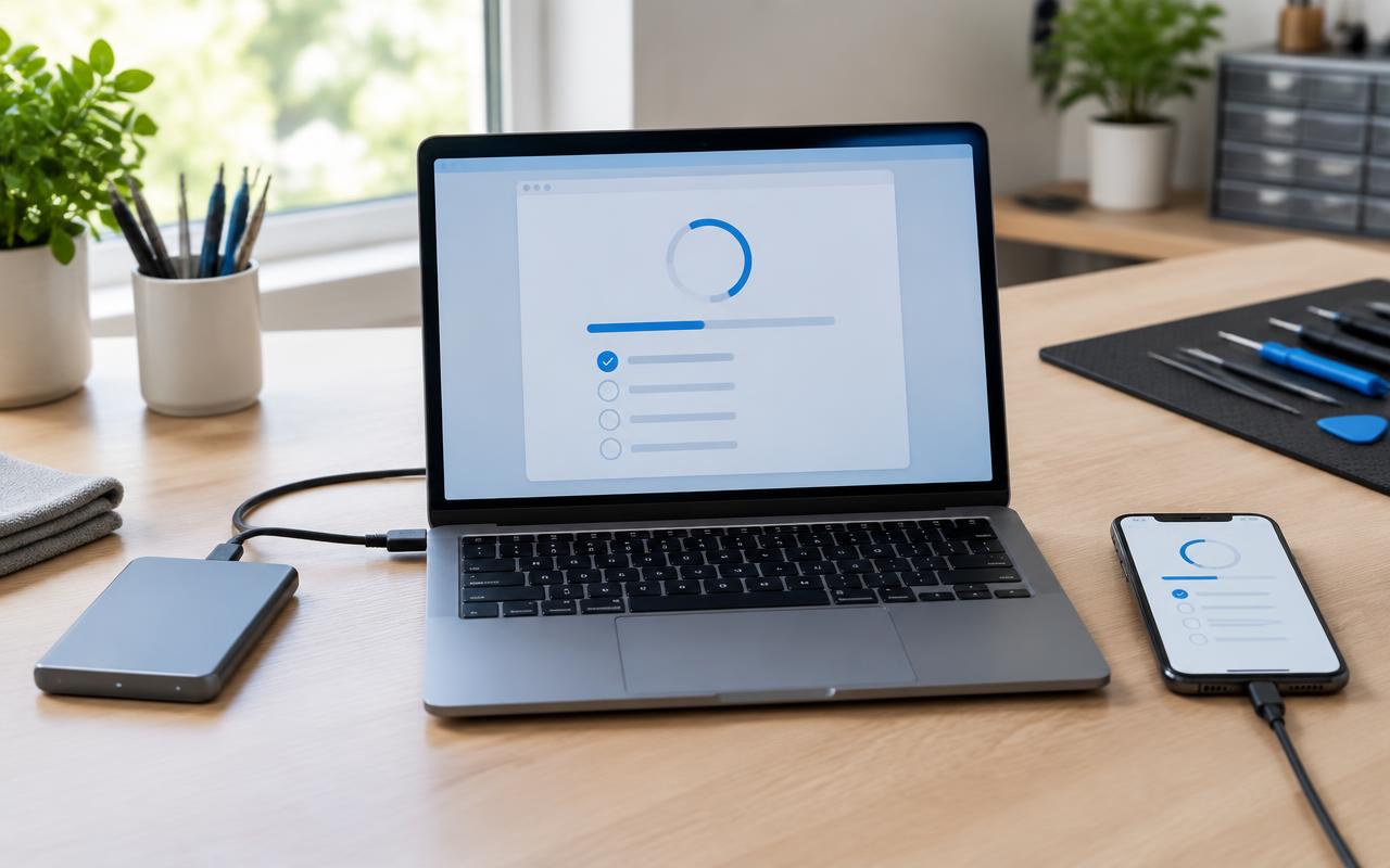 Laptop, phone and external drive set up together to back up files before a repair
