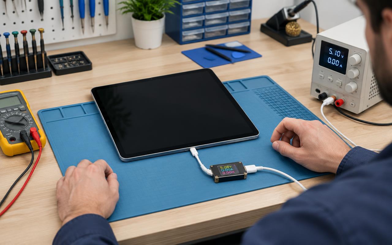 Tablet with a dark screen connected to a USB power meter to test whether it is charging