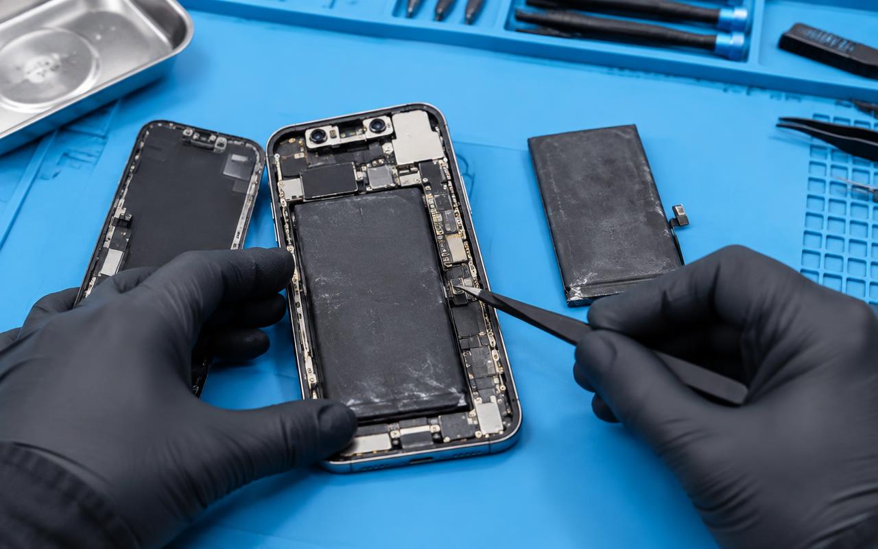 Smartphone opened on a bench with its battery lifted away from the housing