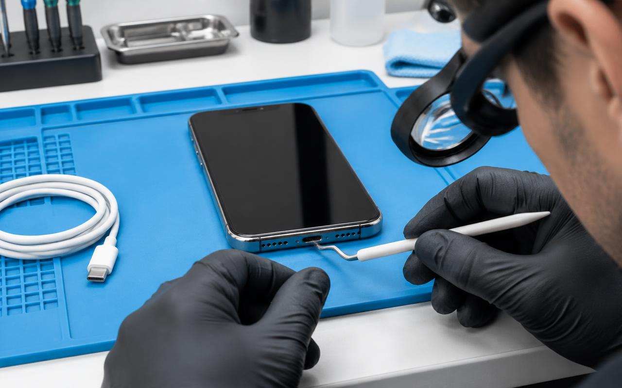 Smartphone charging port being inspected under a magnifier with a nonmetal pick