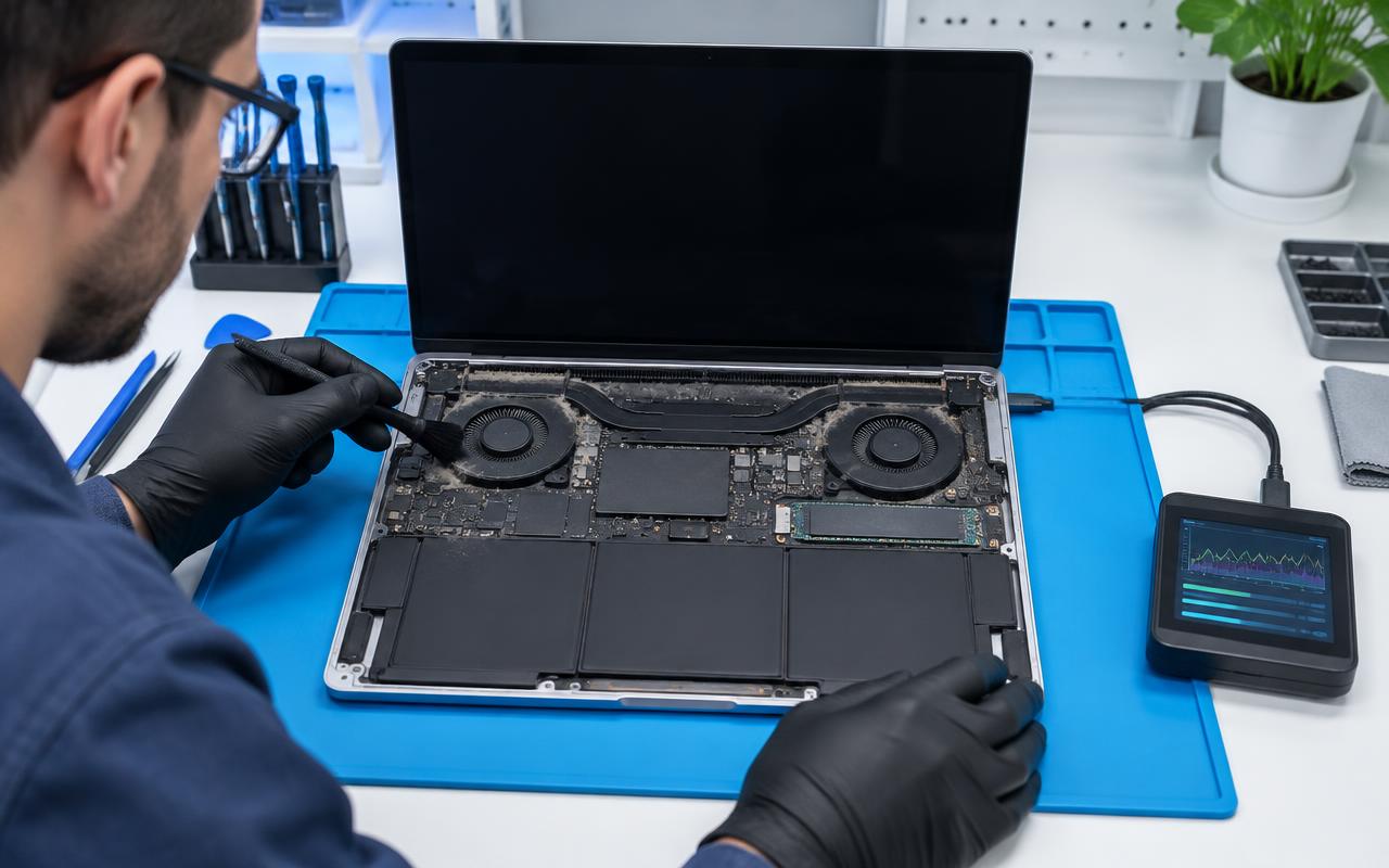 Laptop opened on a bench beside a screen showing system activity during a slowdown check