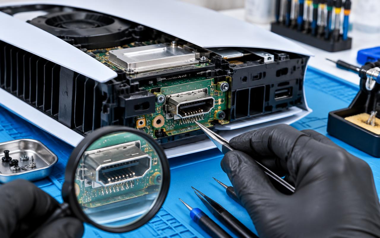 Game console HDMI port being examined closely for bent or damaged pins