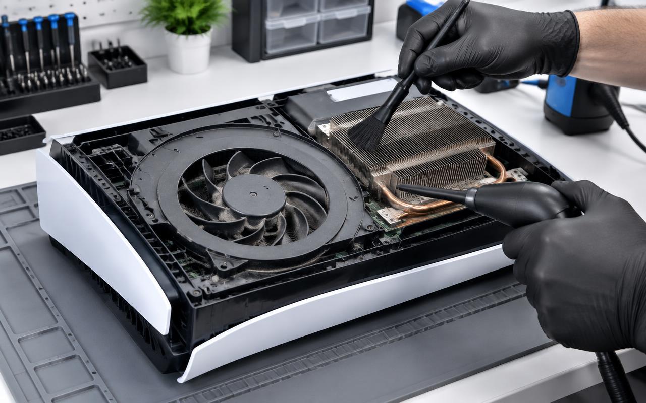 Game console opened with its cooling fan and heatsink exposed for cleaning