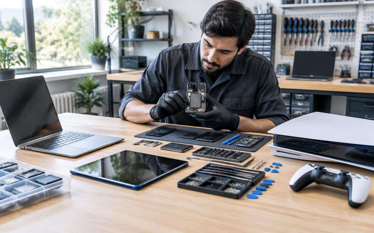 Several devices on a service counter alongside replacement parts and repair tools
