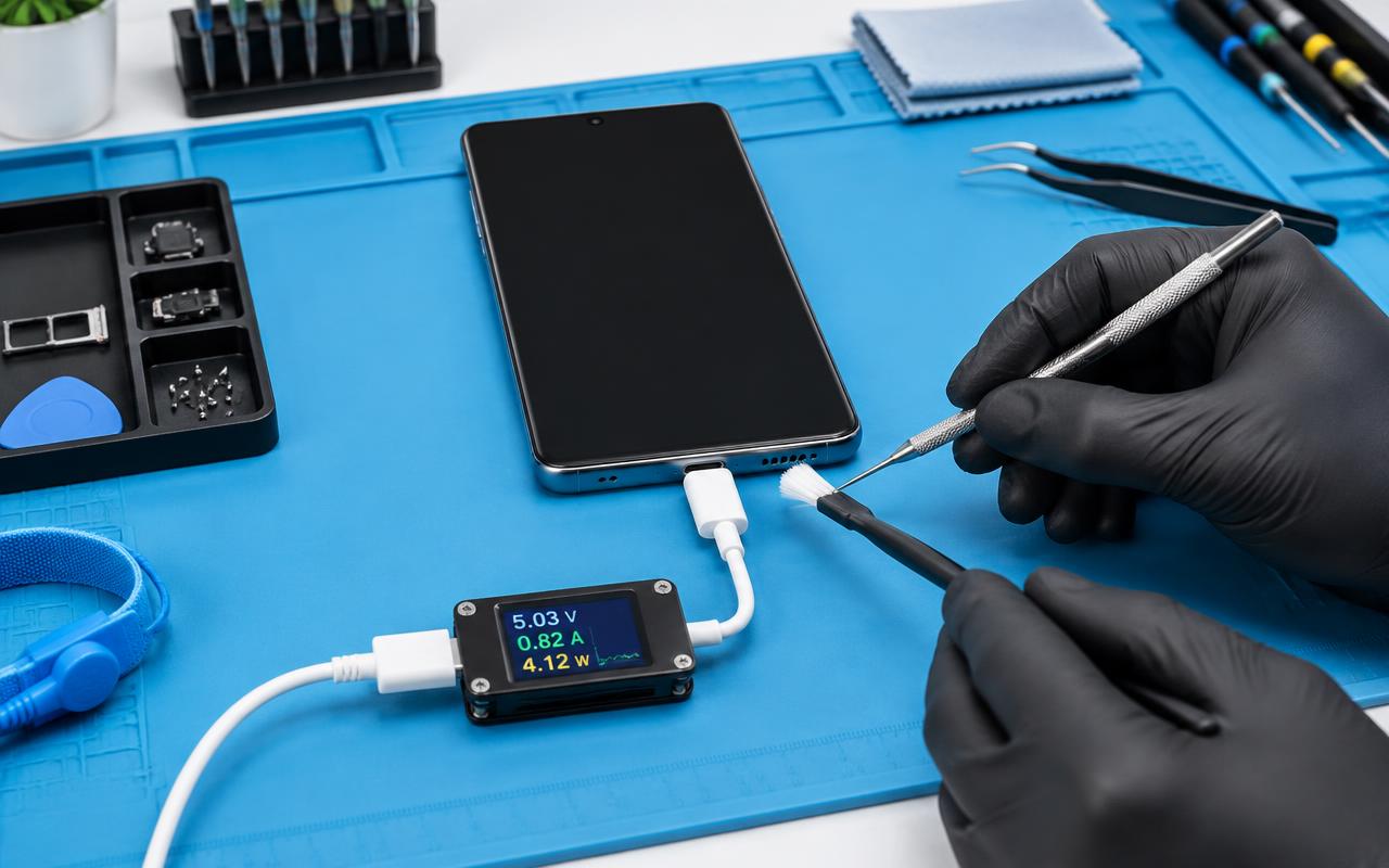 Android phone charging through a power meter while its charging port is inspected
