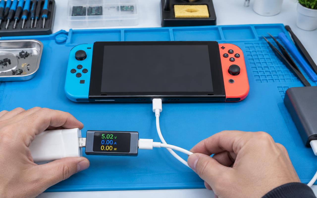 Handheld game console charging port being inspected with a cable and light