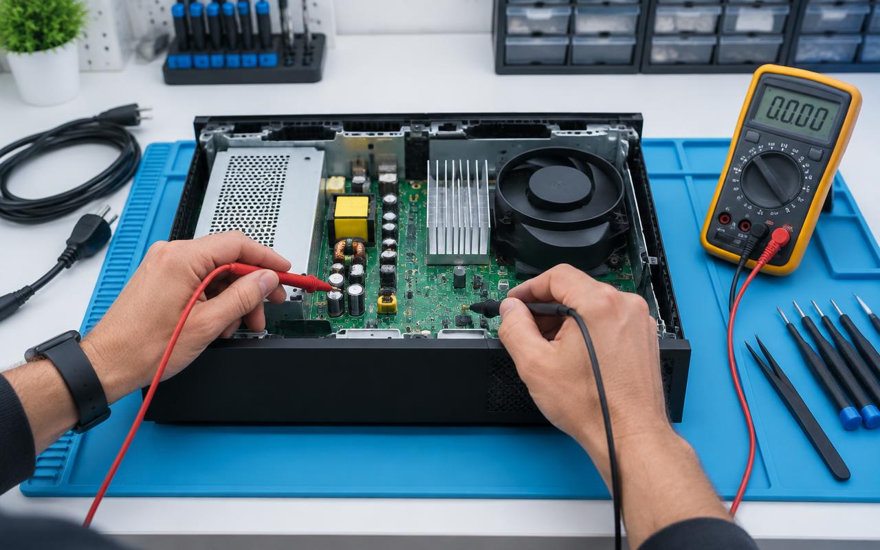 Game console power supply being tested with a multimeter on a repair bench