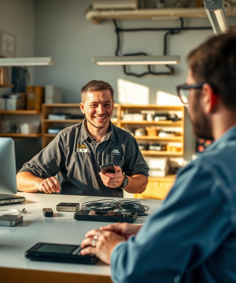 Technician discussing a device with a customer at the shop counter