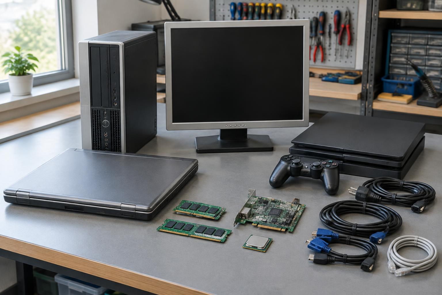 Computer, laptop, monitor, console, components and cables arranged for reuse