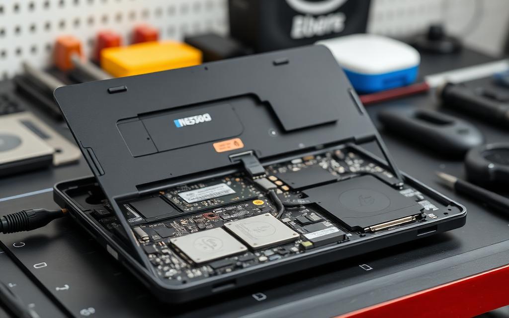 Computer hardware opened up on a repair bench