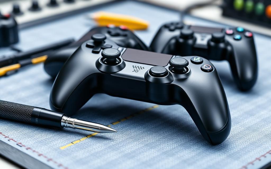 Game console controllers on a technician's anti-static mat