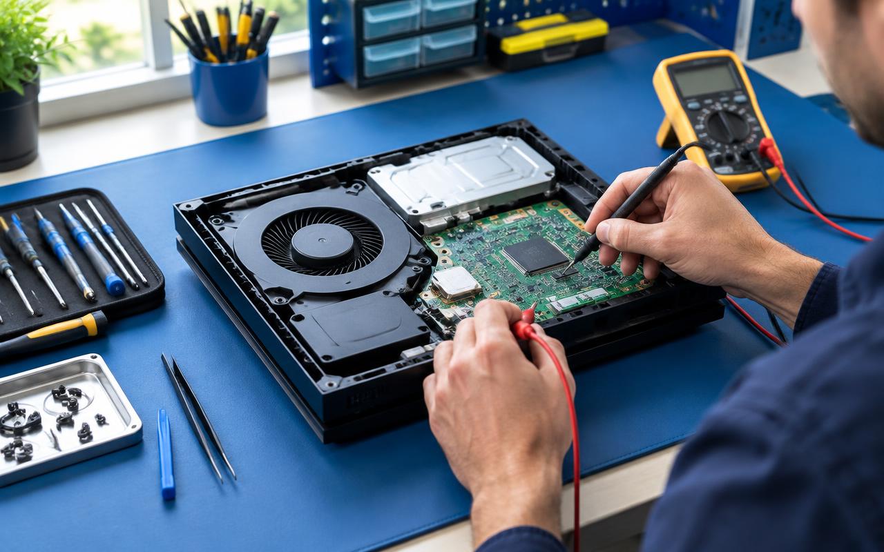 Opened game console on a repair bench with its cooling fan and board exposed