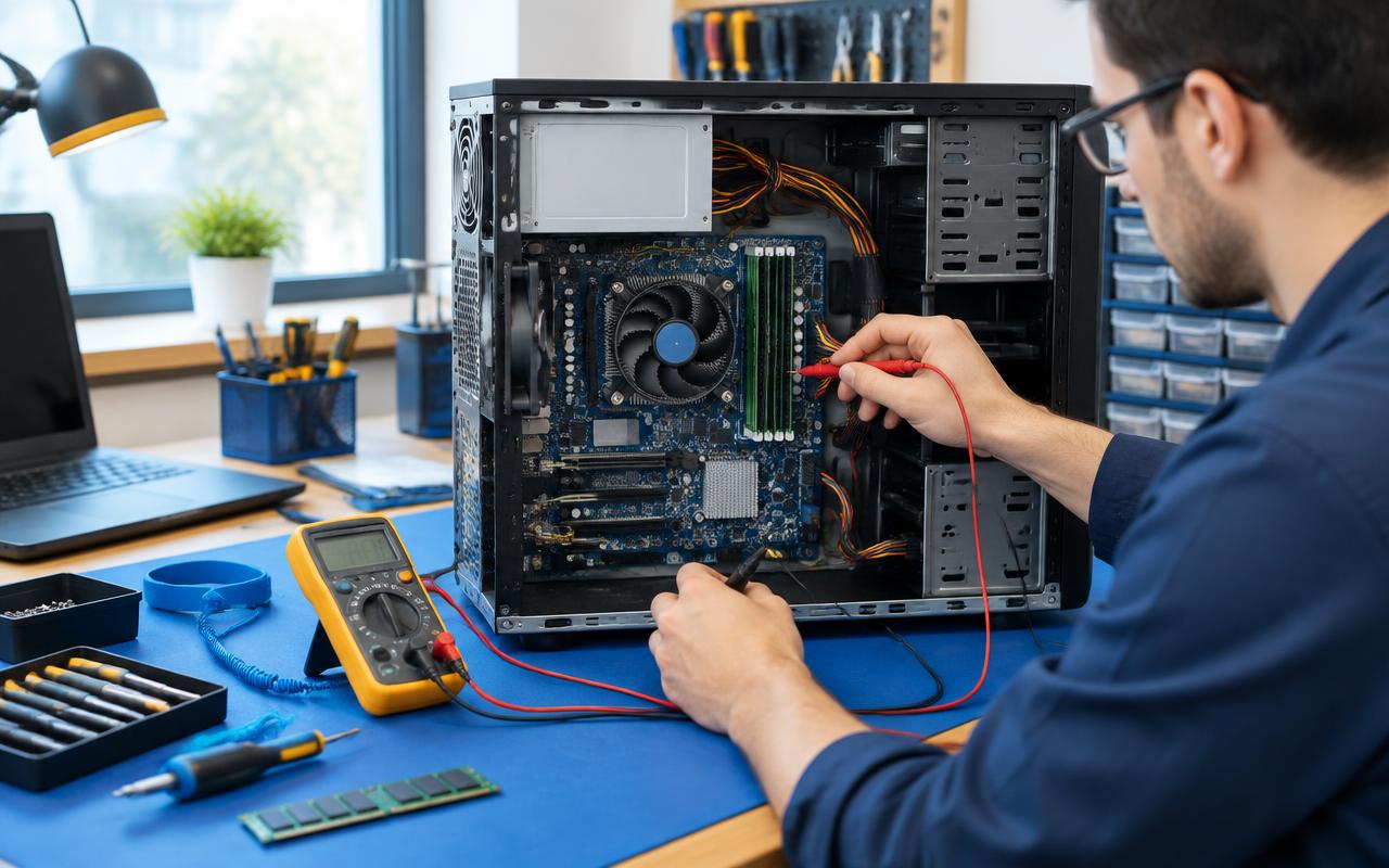 Desktop tower opened on a bench showing the motherboard, power supply and memory