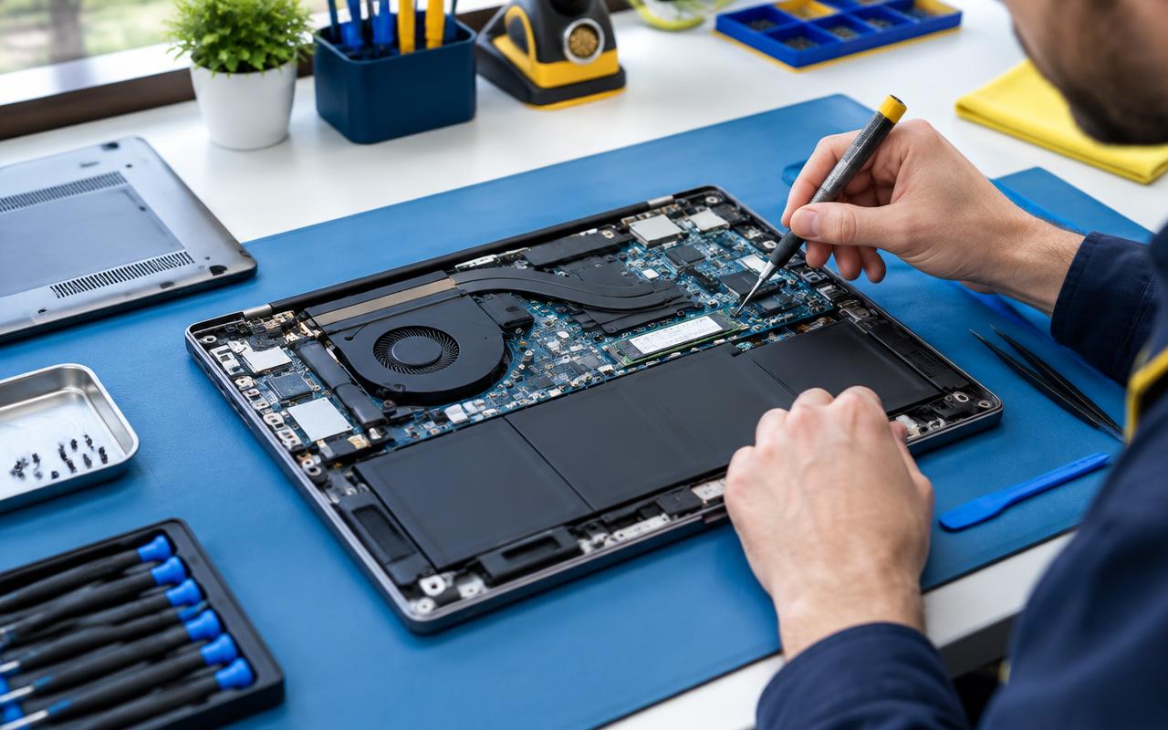 Laptop opened from the underside with its battery, fan and drive visible