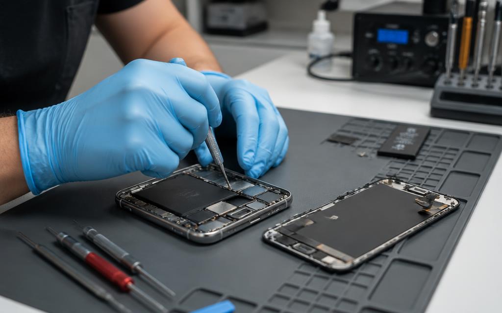 Smartphone opened on a bench during a screen repair with precision tools
